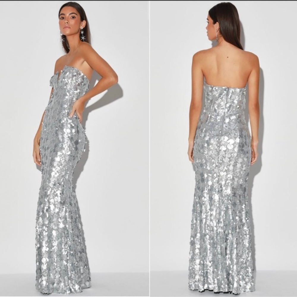 Lulu’s Matte Silver Sequin Strapless Maxi Dress